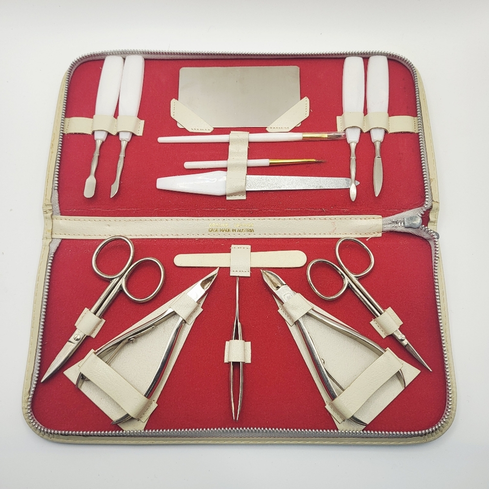 Vintage Austria Germany Manicure Set White Leather Case 11 Pc Unused Complete